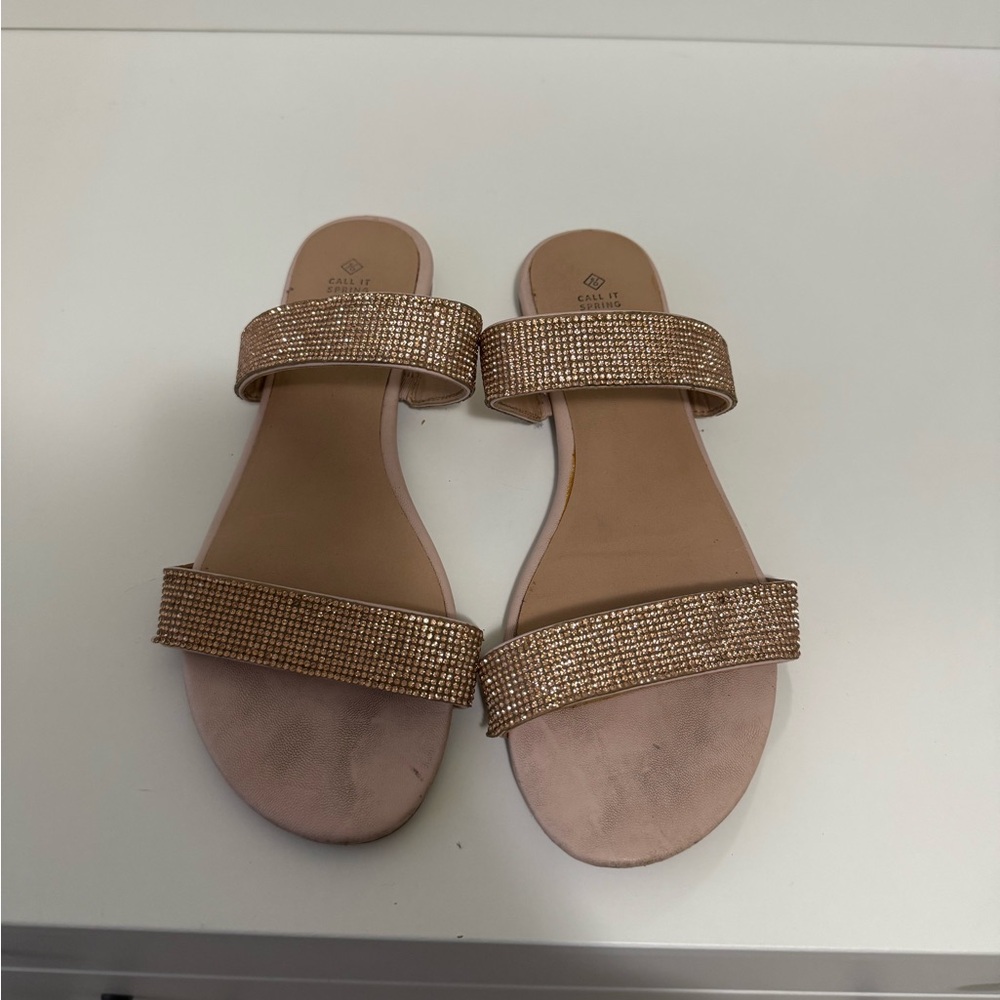 Call It Spring Tan Sparkly Flat Sandals